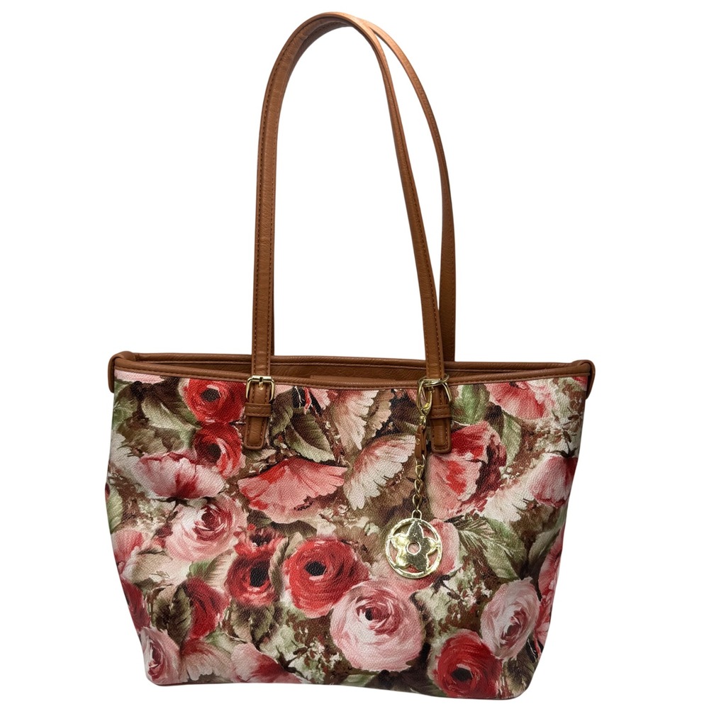 Bueno Floral‎ Tote Handbag Purse pink green Pockets Zipper Lined Shoulder Bag